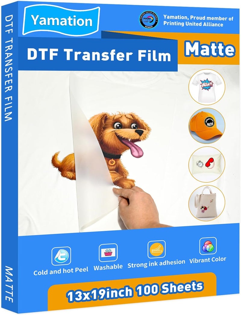 Yamation DTF Transfer Film: 13x19 Inch 100 Sheets Premium Double-Sided Matte Finish PET Transfer Paper Direct to Film Transfer Paper for T-Shirt - Image 1